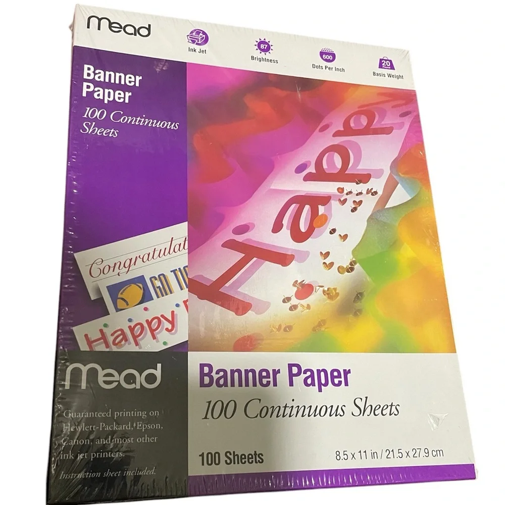 Mead Banner Paper 100 Continuous Sheets 8.5 x 11 in. Sealed 39152 vintage